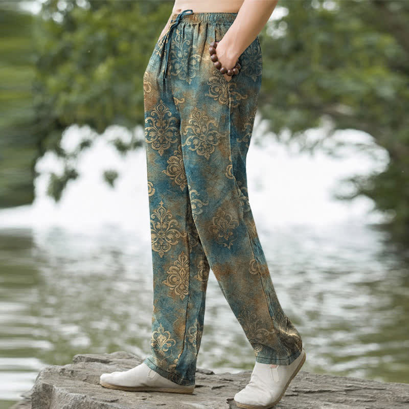 Nimara Ritual Cotton Vintage Baroque Pattern Men's Tapered Pants With Pockets