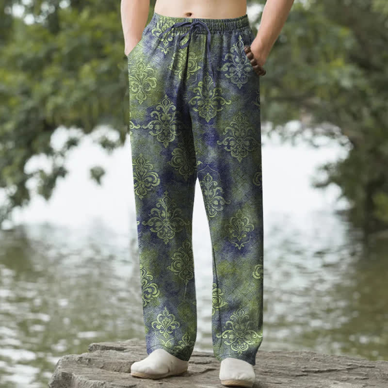 Nimara Ritual Cotton Vintage Baroque Pattern Men's Tapered Pants With Pockets