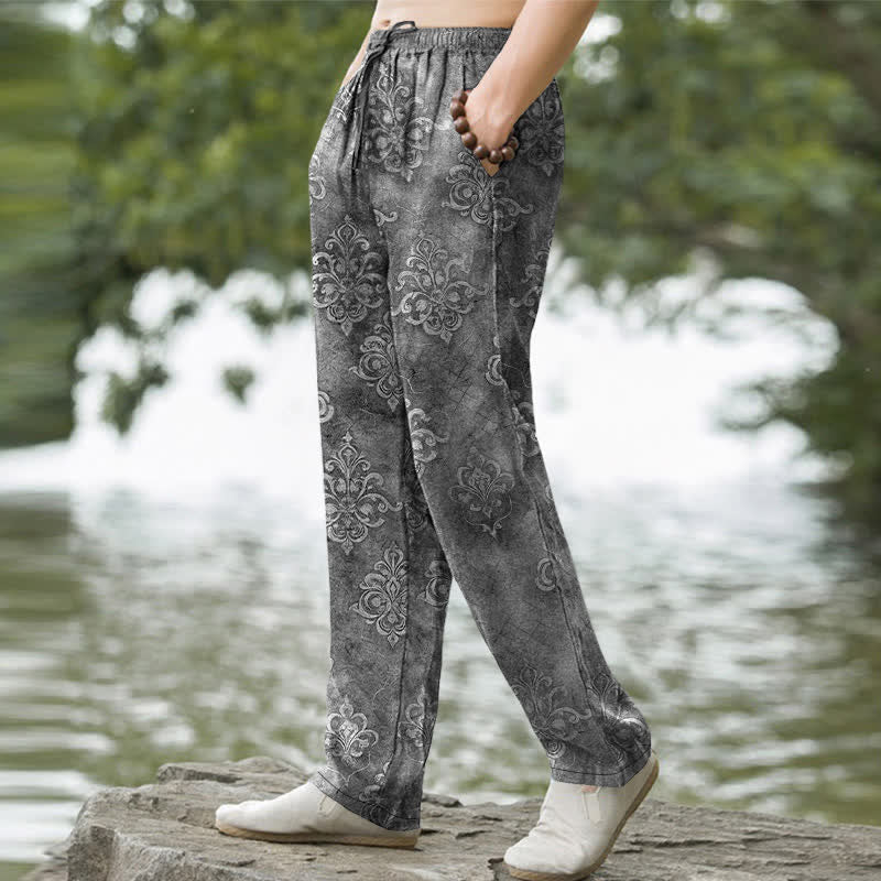Nimara Ritual Cotton Vintage Baroque Pattern Men's Tapered Pants With Pockets
