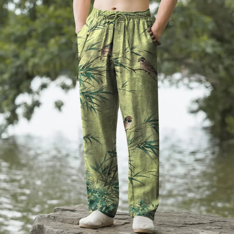 Nimara Ritual Cotton Bamboo Bird Pattern Men's Tapered Pants With Pockets