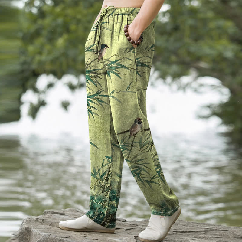 Nimara Ritual Cotton Bamboo Bird Pattern Men's Tapered Pants With Pockets