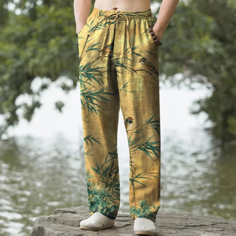 Nimara Ritual Cotton Bamboo Bird Pattern Men's Tapered Pants With Pockets