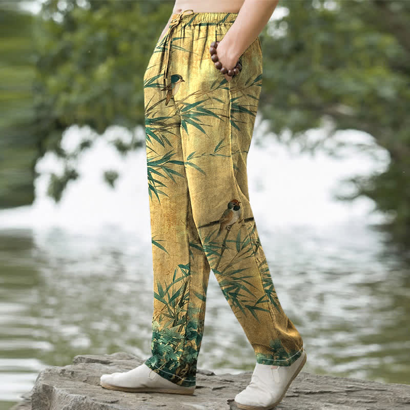 Nimara Ritual Cotton Bamboo Bird Pattern Men's Tapered Pants With Pockets