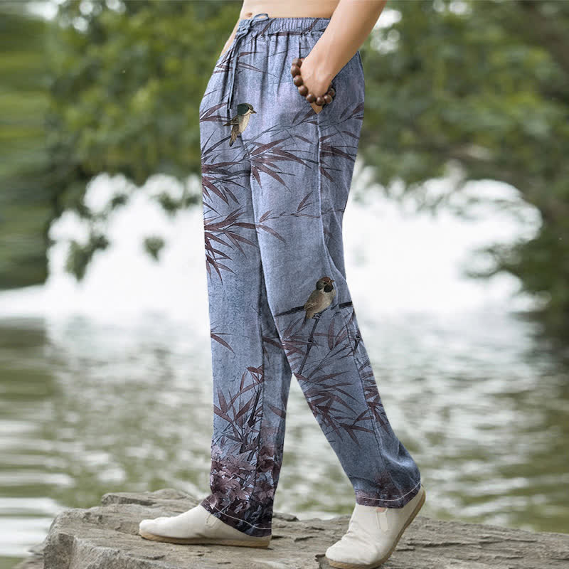 Nimara Ritual Cotton Bamboo Bird Pattern Men's Tapered Pants With Pockets