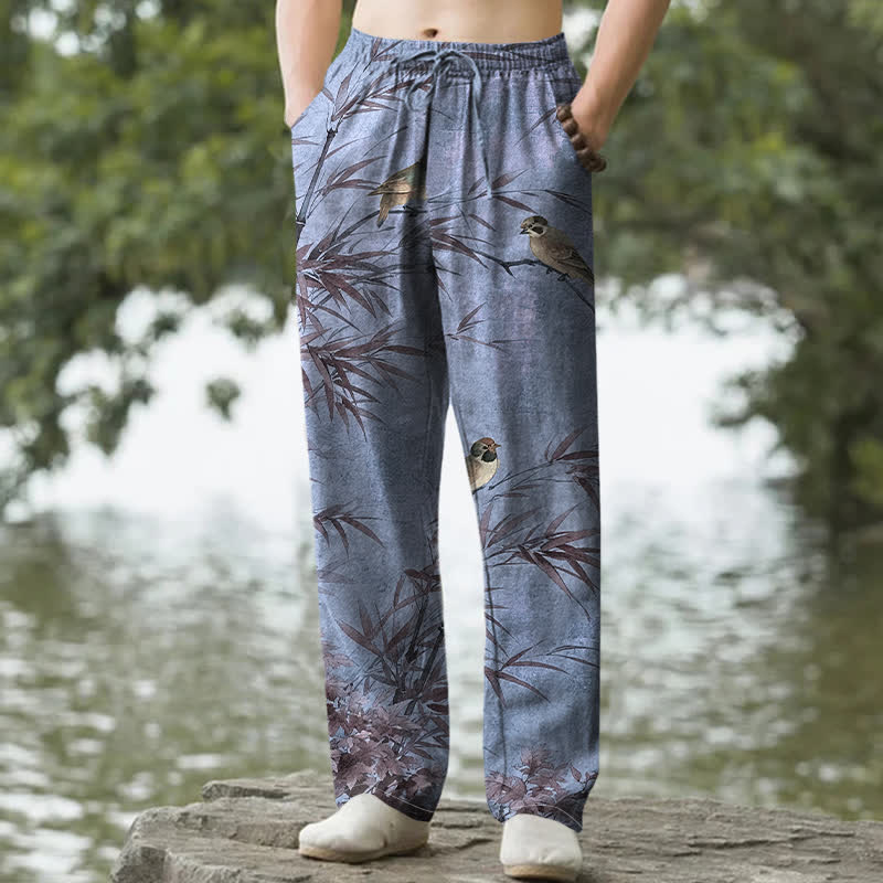 Nimara Ritual Cotton Bamboo Bird Pattern Men's Tapered Pants With Pockets