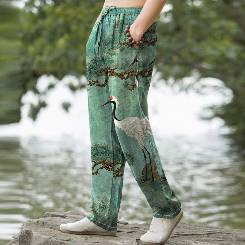 Nimara Ritual Cotton Crane Pine Pattern Men's Tapered Pants With Pockets