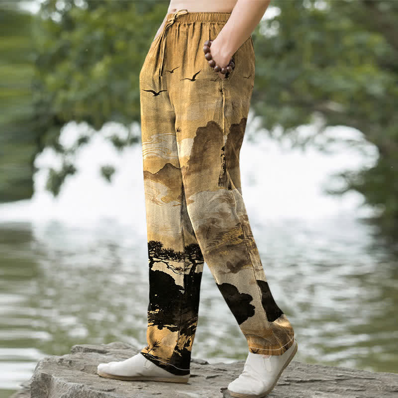 Nimara Ritual Cotton Ink Landscape Pattern Men's Tapered Pants With Pockets