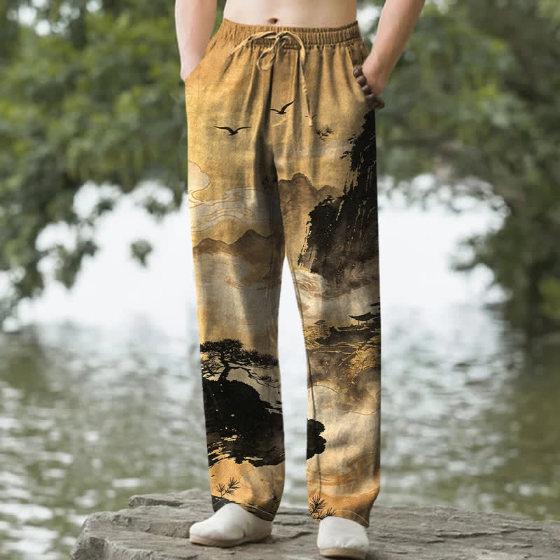 Nimara Ritual Cotton Ink Landscape Pattern Men's Tapered Pants With Pockets