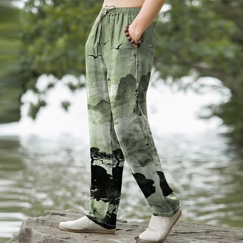 Nimara Ritual Cotton Ink Landscape Pattern Men's Tapered Pants With Pockets