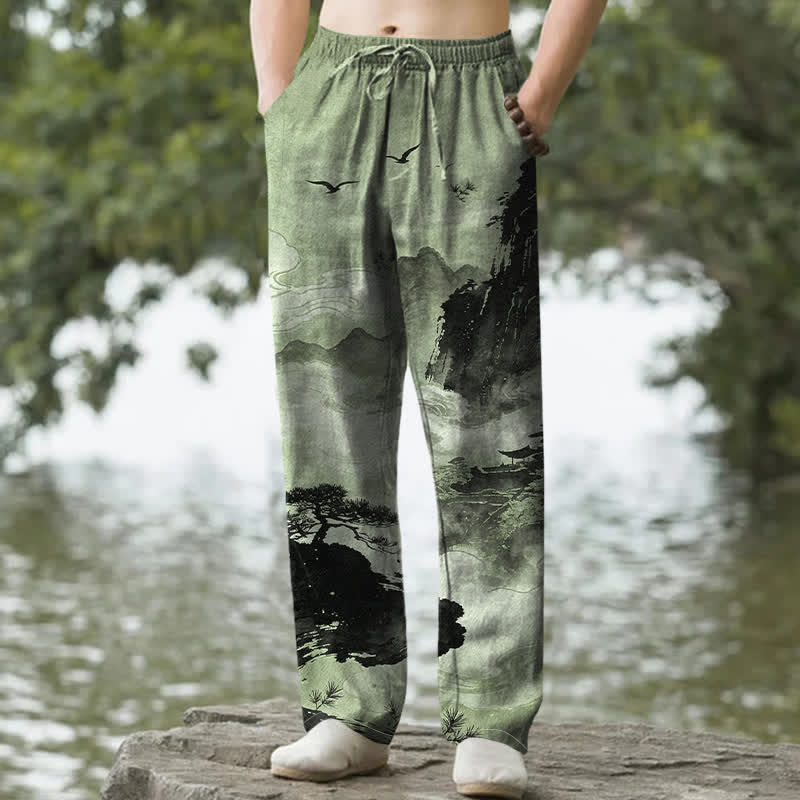 Nimara Ritual Cotton Ink Landscape Pattern Men's Tapered Pants With Pockets
