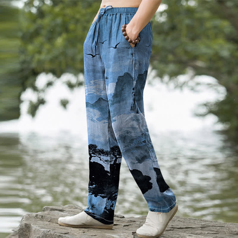 Nimara Ritual Cotton Ink Landscape Pattern Men's Tapered Pants With Pockets