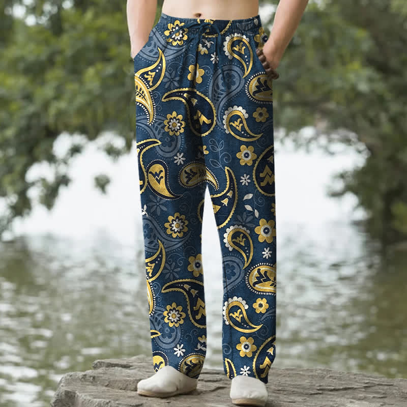 Nimara Ritual Cotton Paisley Floral Pattern Men's Tapered Pants With Pockets