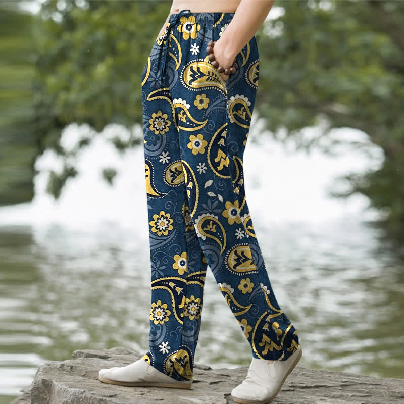 Nimara Ritual Cotton Paisley Floral Pattern Men's Tapered Pants With Pockets