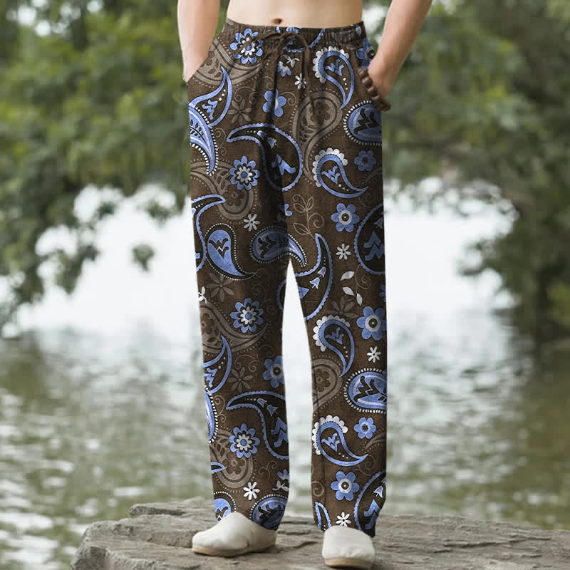 Nimara Ritual Cotton Paisley Floral Pattern Men's Tapered Pants With Pockets