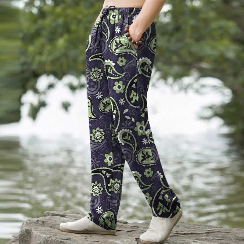 Nimara Ritual Cotton Paisley Floral Pattern Men's Tapered Pants With Pockets
