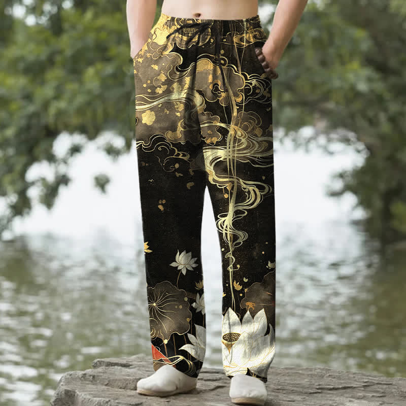 Nimara Ritual Cotton Lotus Cloud Pattern Men's Tapered Pants With Pockets