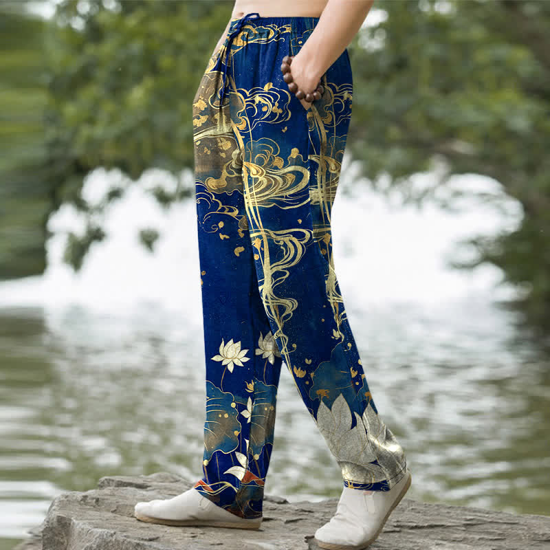 Nimara Ritual Cotton Lotus Cloud Pattern Men's Tapered Pants With Pockets