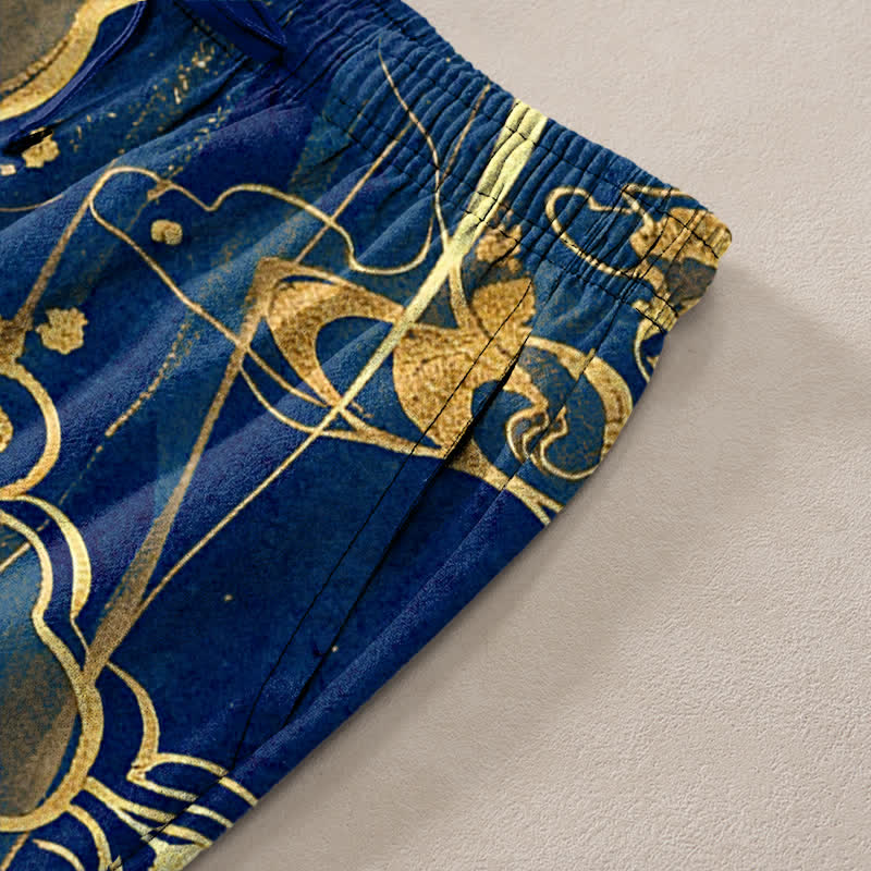 Nimara Ritual Cotton Lotus Cloud Pattern Men's Tapered Pants With Pockets