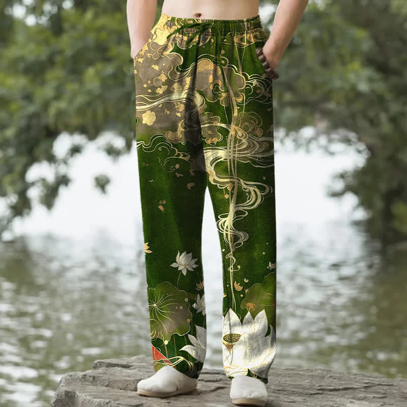 Nimara Ritual Cotton Lotus Cloud Pattern Men's Tapered Pants With Pockets