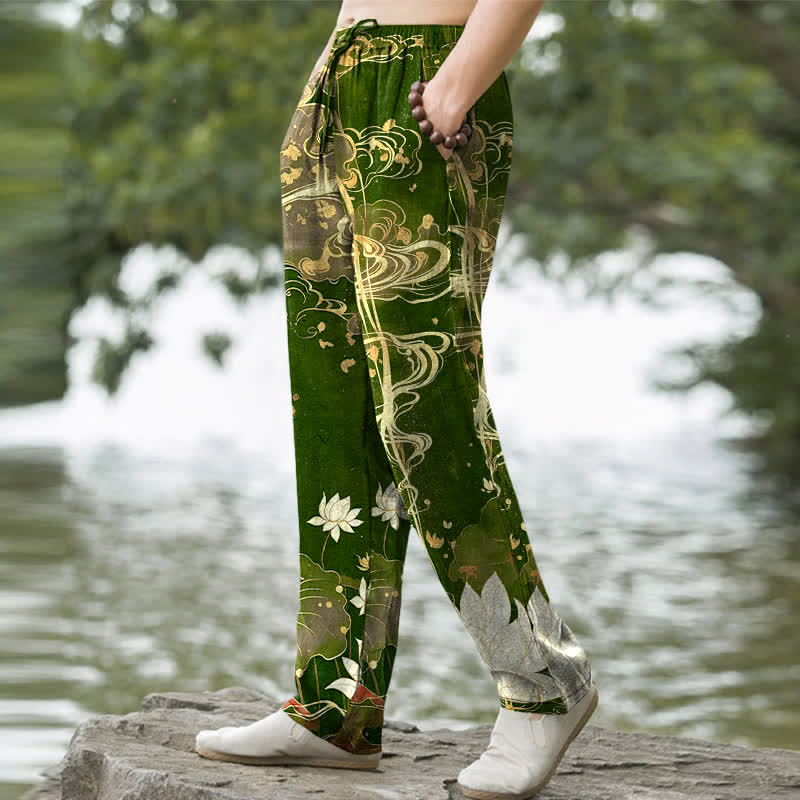 Nimara Ritual Cotton Lotus Cloud Pattern Men's Tapered Pants With Pockets