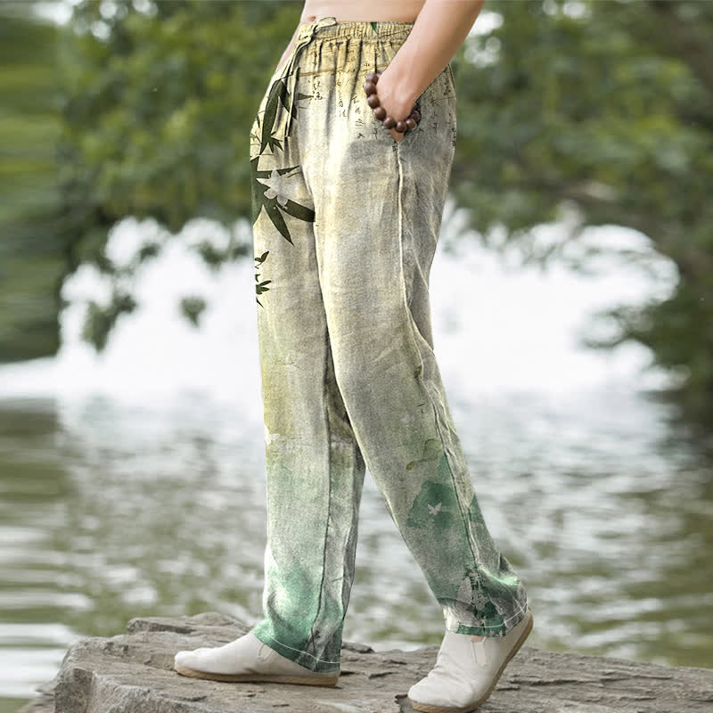 Nimara Ritual Cotton Ink Bamboo Pattern Men's Tapered Pants With Pockets