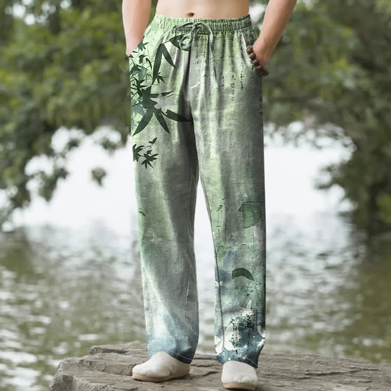 Nimara Ritual Cotton Ink Bamboo Pattern Men's Tapered Pants With Pockets