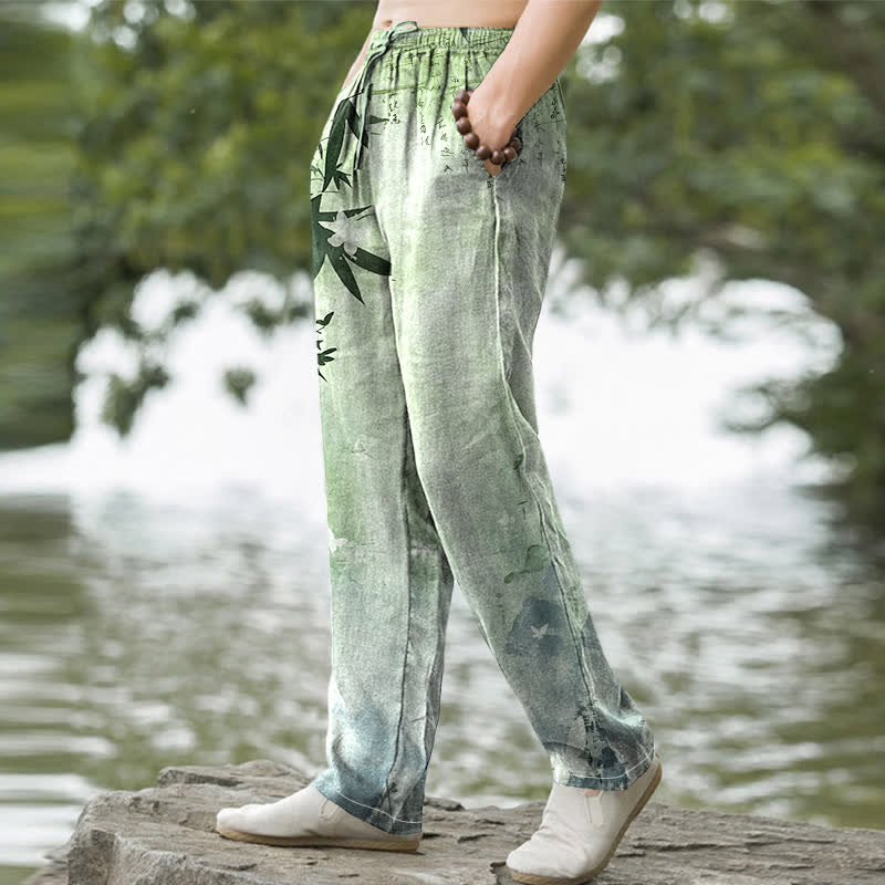Nimara Ritual Cotton Ink Bamboo Pattern Men's Tapered Pants With Pockets