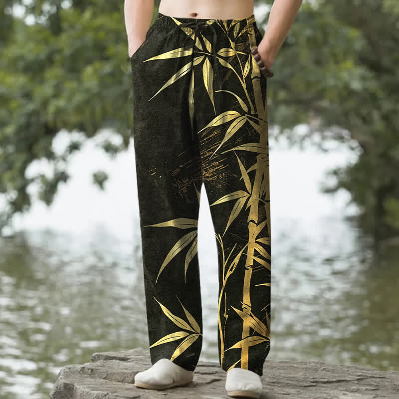 Nimara Ritual Cotton Golden Bamboo Leaf Pattern Men's Tapered Pants With Pockets