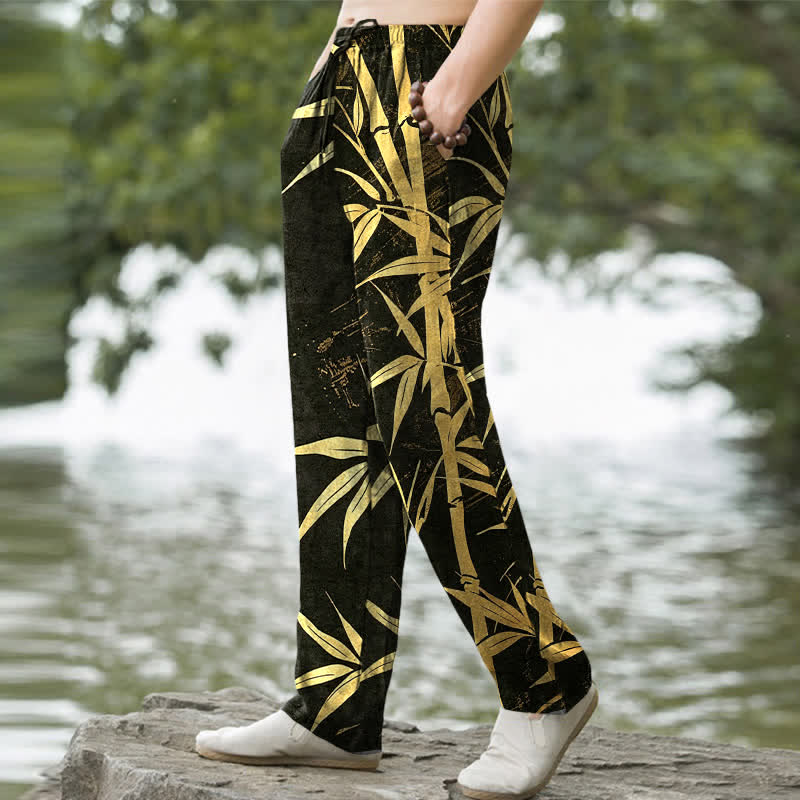 Nimara Ritual Cotton Golden Bamboo Leaf Pattern Men's Tapered Pants With Pockets