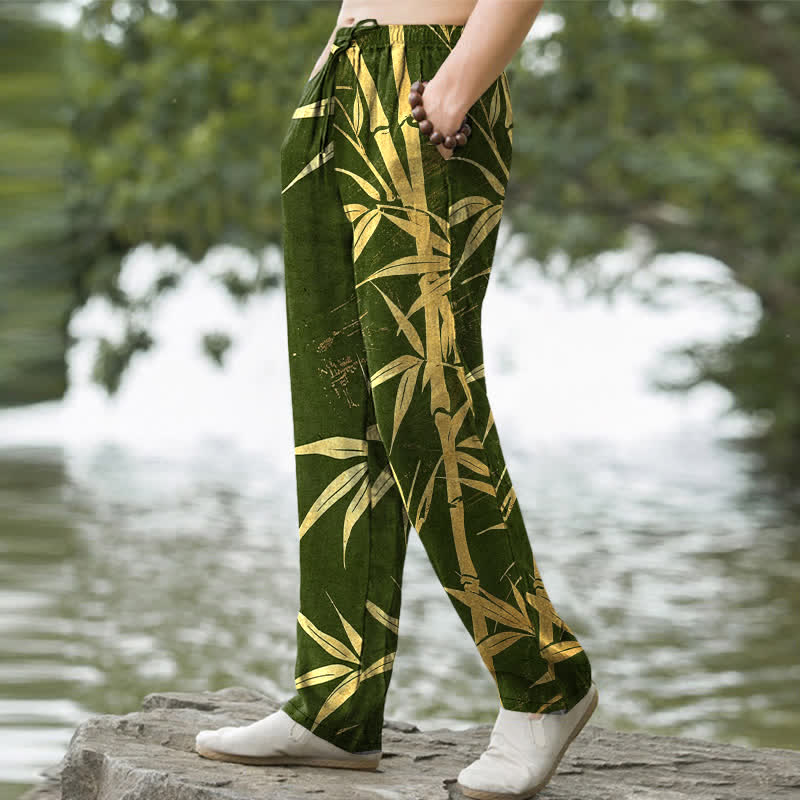 Nimara Ritual Cotton Golden Bamboo Leaf Pattern Men's Tapered Pants With Pockets