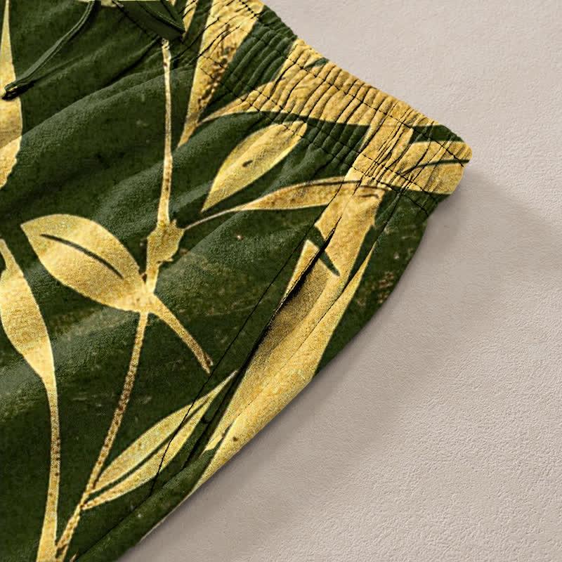 Nimara Ritual Cotton Golden Bamboo Leaf Pattern Men's Tapered Pants With Pockets