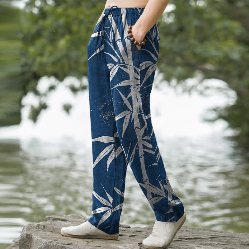 Nimara Ritual Cotton Golden Bamboo Leaf Pattern Men's Tapered Pants With Pockets