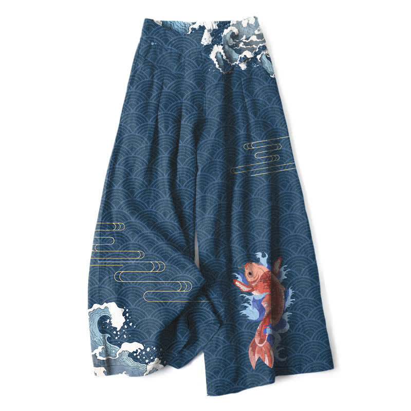 Nimara Ritual Cotton Linen Koi Fish Wave Pattern Women's Elastic Waist Wide Leg Pants With Pockets