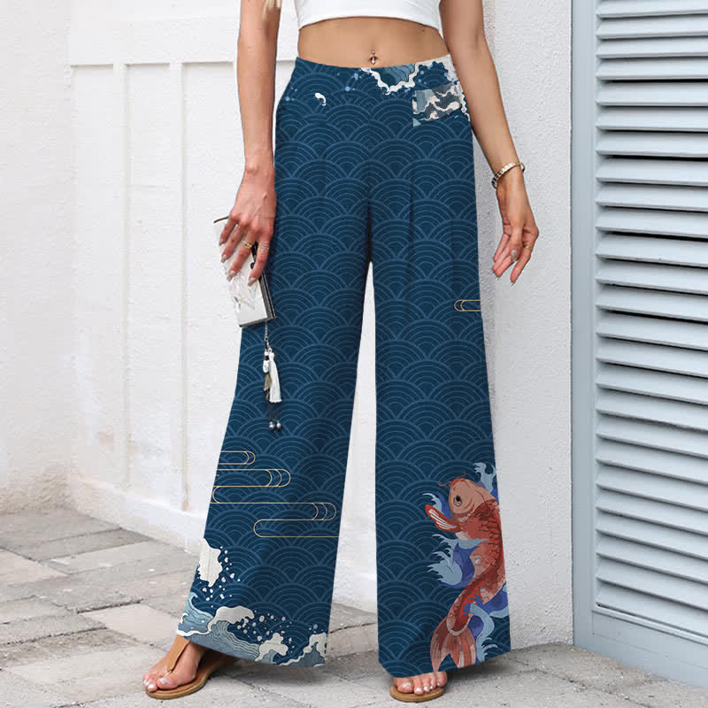 Nimara Ritual Cotton Linen Koi Fish Wave Pattern Women's Elastic Waist Wide Leg Pants With Pockets