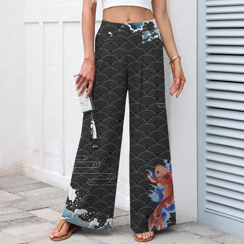 Nimara Ritual Cotton Linen Koi Fish Wave Pattern Women's Elastic Waist Wide Leg Pants With Pockets