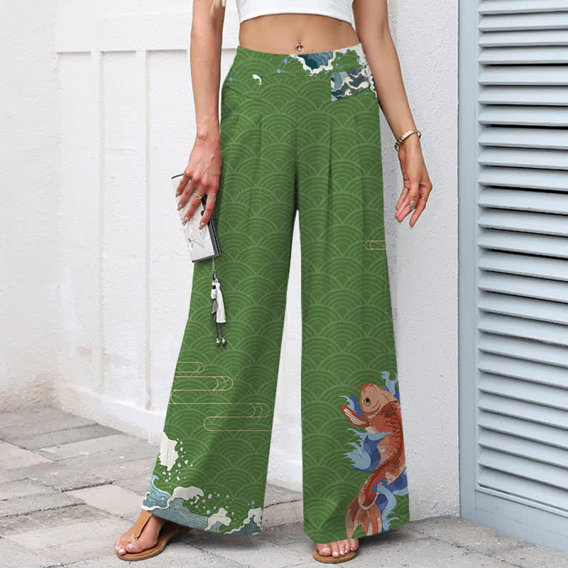 Nimara Ritual Cotton Linen Koi Fish Wave Pattern Women's Elastic Waist Wide Leg Pants With Pockets