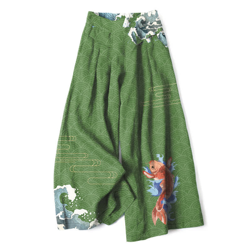 Nimara Ritual Cotton Linen Koi Fish Wave Pattern Women's Elastic Waist Wide Leg Pants With Pockets