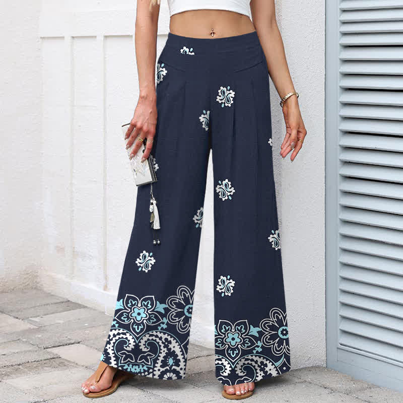 Nimara Ritual Cotton Linen Bohemian Floral Pattern Women's Elastic Waist Wide Leg Pants With Pockets