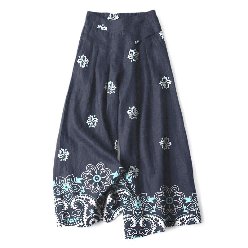 Nimara Ritual Cotton Linen Bohemian Floral Pattern Women's Elastic Waist Wide Leg Pants With Pockets