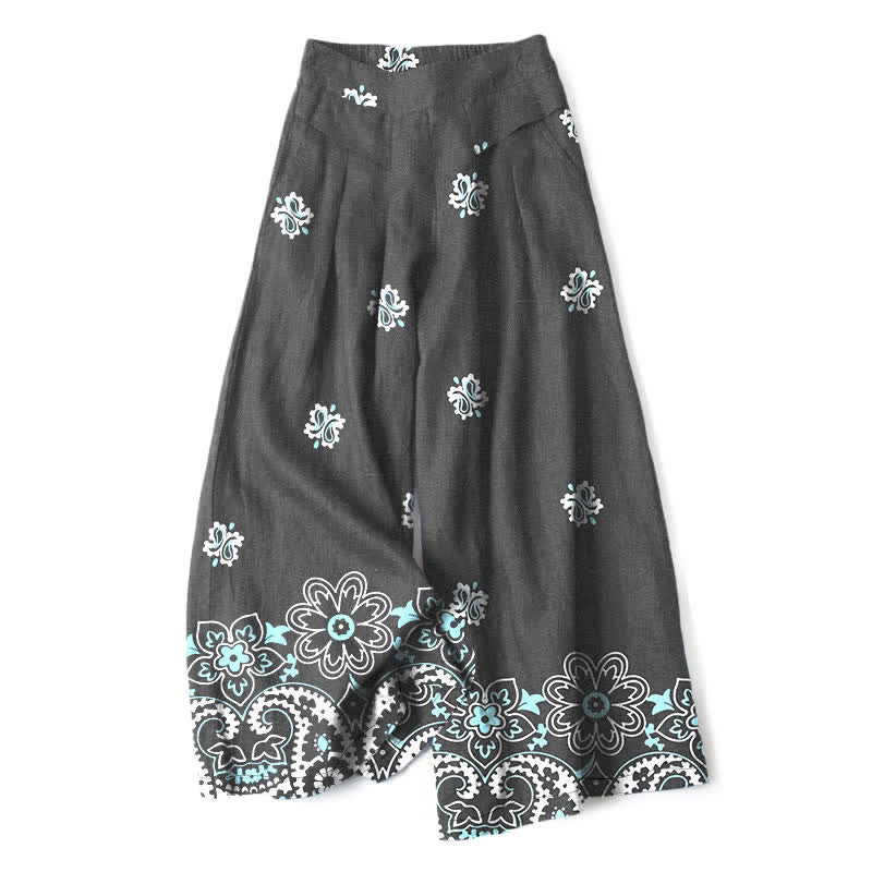 Nimara Ritual Cotton Linen Bohemian Floral Pattern Women's Elastic Waist Wide Leg Pants With Pockets