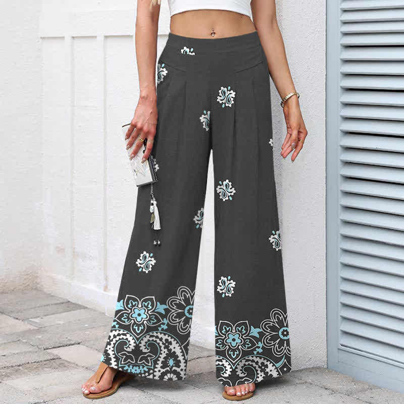 Nimara Ritual Cotton Linen Bohemian Floral Pattern Women's Elastic Waist Wide Leg Pants With Pockets