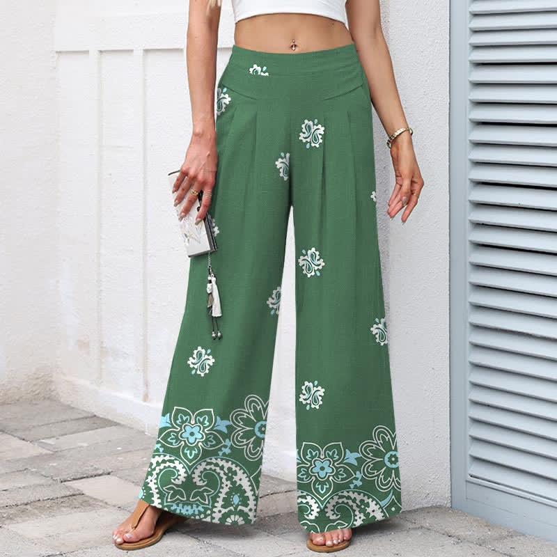 Nimara Ritual Cotton Linen Bohemian Floral Pattern Women's Elastic Waist Wide Leg Pants With Pockets