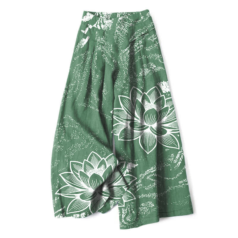 Nimara Ritual Cotton Linen Lotus Floral Pattern Women's Elastic Waist Wide Leg Pants With Pockets