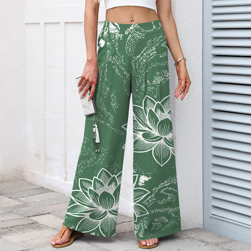 Nimara Ritual Cotton Linen Lotus Floral Pattern Women's Elastic Waist Wide Leg Pants With Pockets