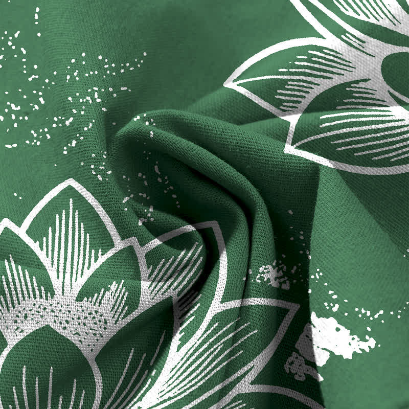 Nimara Ritual Cotton Linen Lotus Floral Pattern Women's Elastic Waist Wide Leg Pants With Pockets