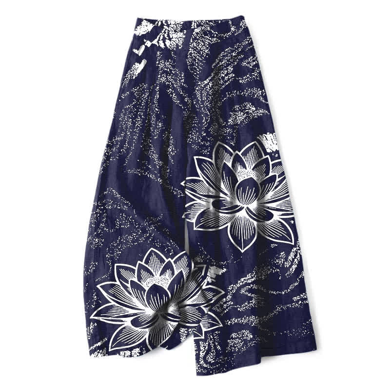 Nimara Ritual Cotton Linen Lotus Floral Pattern Women's Elastic Waist Wide Leg Pants With Pockets