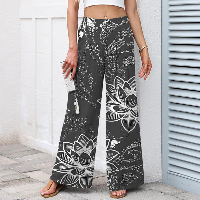 Nimara Ritual Cotton Linen Lotus Floral Pattern Women's Elastic Waist Wide Leg Pants With Pockets