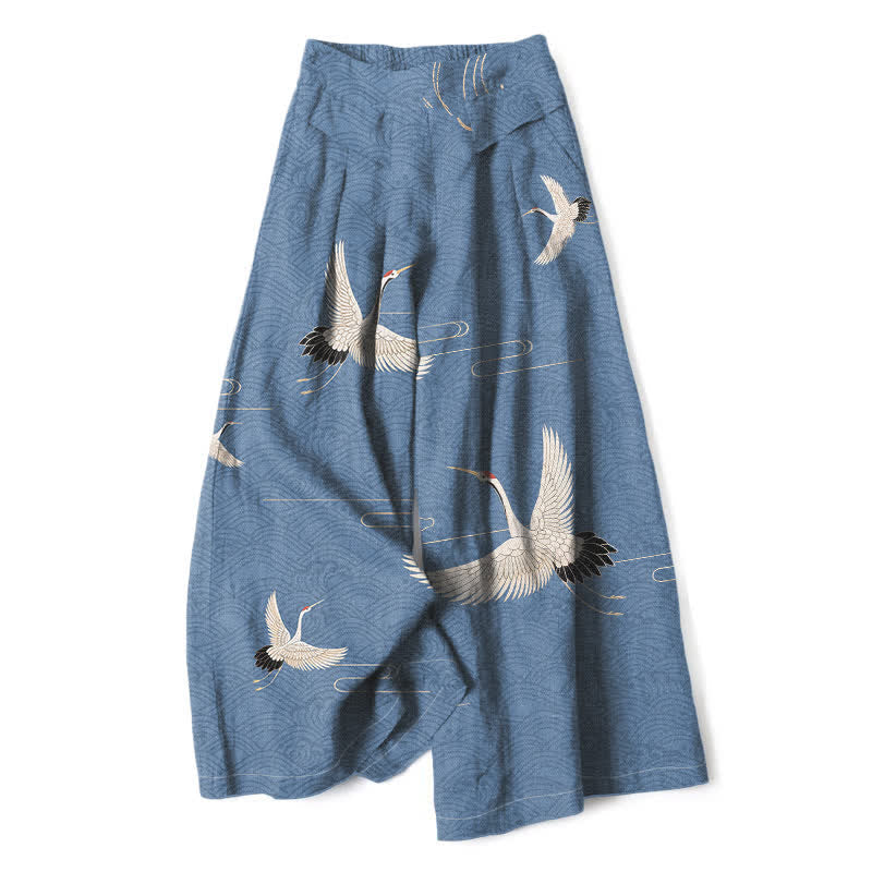 Nimara Ritual Cotton Linen Crane Wave Pattern Women's Elastic Waist Wide Leg Pants With Pockets