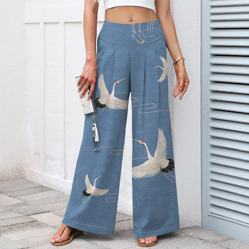 Nimara Ritual Cotton Linen Crane Wave Pattern Women's Elastic Waist Wide Leg Pants With Pockets