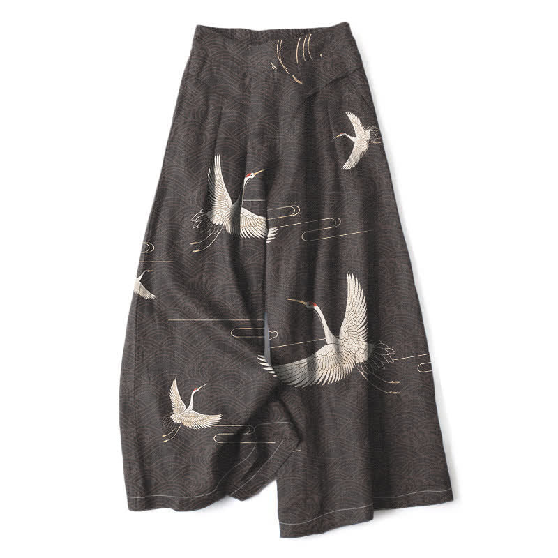Nimara Ritual Cotton Linen Crane Wave Pattern Women's Elastic Waist Wide Leg Pants With Pockets